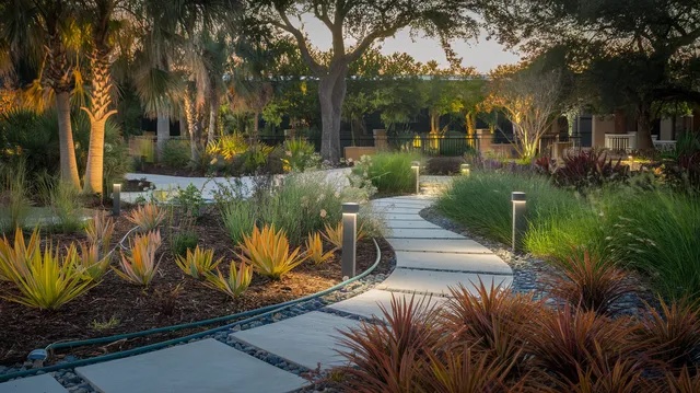 Curved paver walkway with shielded bollard lights and tropical landscaping at dusk