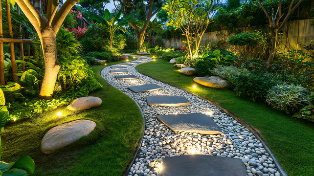 Pebble stepping-stone path with in-ground accent lights in a tropical garden