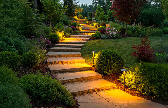 Stone garden steps lit by low path lights and warm accent lighting